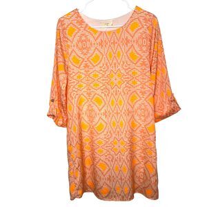 Anthropologie Everly Orange White Shift Dress Womens Medium Geometric Lined USA